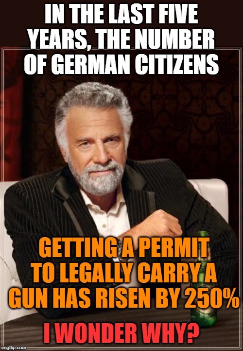 When you don't properly vet who enters your country. | IN THE LAST FIVE YEARS, THE NUMBER OF GERMAN CITIZENS; GETTING A PERMIT TO LEGALLY CARRY A GUN HAS RISEN BY 250%; I WONDER WHY? | image tagged in memes,the most interesting man in the world | made w/ Imgflip meme maker
