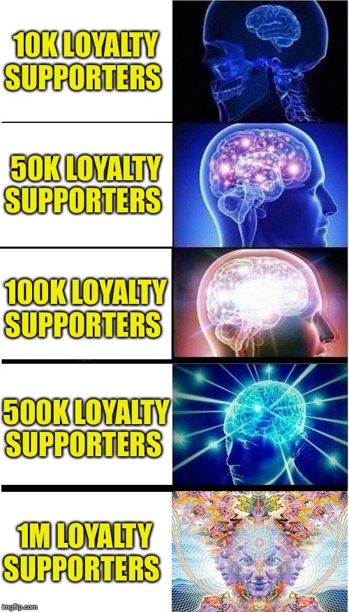 Brain Growth Extended | 10K LOYALTY SUPPORTERS; 50K LOYALTY SUPPORTERS; 100K LOYALTY SUPPORTERS; 500K LOYALTY SUPPORTERS; 1M LOYALTY SUPPORTERS | image tagged in brain growth extended | made w/ Imgflip meme maker