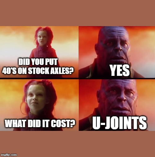 thanos what did it cost | DID YOU PUT 40'S ON STOCK AXLES? YES; WHAT DID IT COST? U-JOINTS | image tagged in thanos what did it cost | made w/ Imgflip meme maker