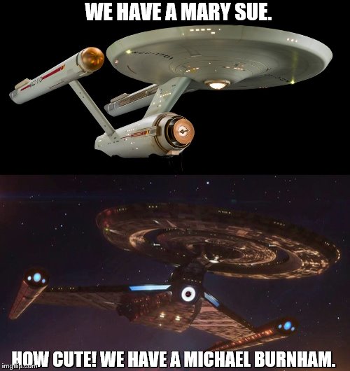 Sue vs Burnham | WE HAVE A MARY SUE. HOW CUTE! WE HAVE A MICHAEL BURNHAM. | image tagged in star trek,star trek discovery,mary sue,michael burnham,uss enterprise,uss discovery | made w/ Imgflip meme maker