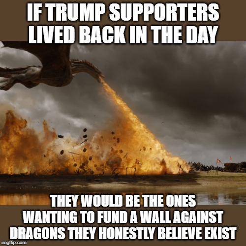 Yea, a wall | IF TRUMP SUPPORTERS LIVED BACK IN THE DAY; THEY WOULD BE THE ONES WANTING TO FUND A WALL AGAINST DRAGONS THEY HONESTLY BELIEVE EXIST | image tagged in game of thrones dragon oh yeah,memes,politics,impeach trump,maga,superstition | made w/ Imgflip meme maker