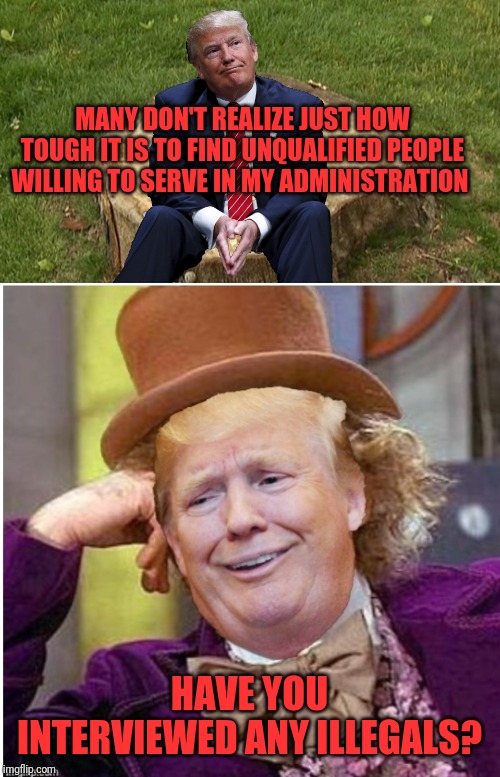 MANY DON'T REALIZE JUST HOW TOUGH IT IS TO FIND UNQUALIFIED PEOPLE WILLING TO SERVE IN MY ADMINISTRATION; HAVE YOU INTERVIEWED ANY ILLEGALS? | image tagged in wonka trump,trump on a stump | made w/ Imgflip meme maker