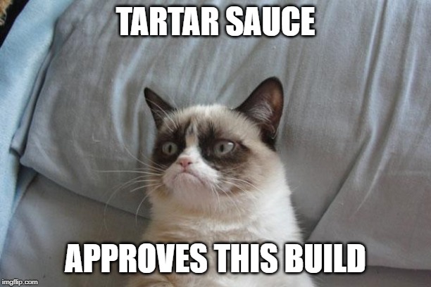 Grumpy Cat Bed Meme | TARTAR SAUCE; APPROVES THIS BUILD | image tagged in memes,grumpy cat bed,grumpy cat | made w/ Imgflip meme maker