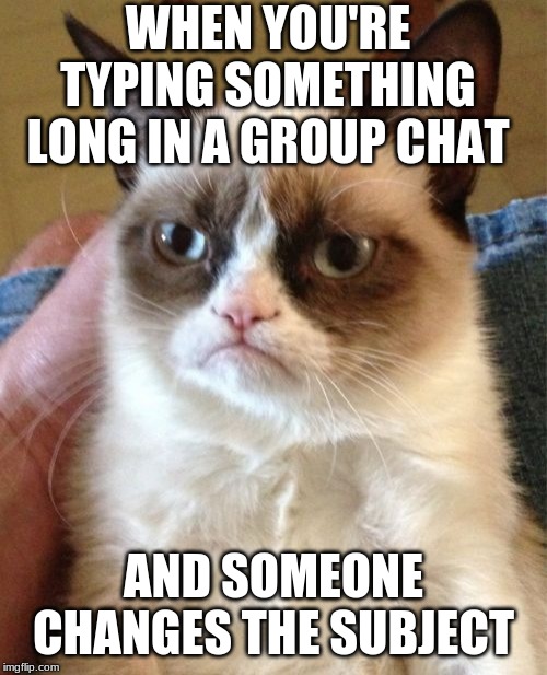 Grumpy Cat Meme | WHEN YOU'RE TYPING SOMETHING LONG IN A GROUP CHAT; AND SOMEONE CHANGES THE SUBJECT | image tagged in memes,grumpy cat | made w/ Imgflip meme maker