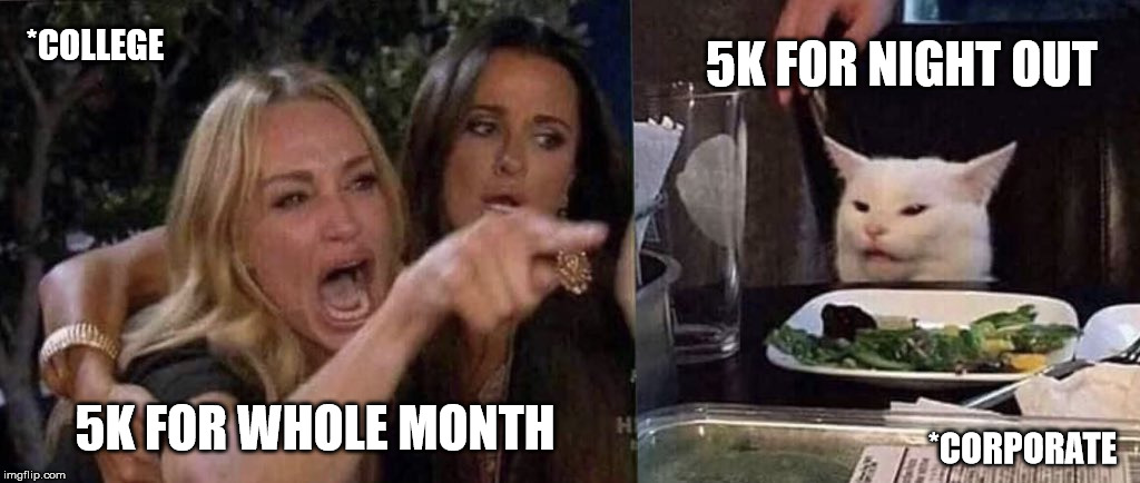 woman yelling at cat | 5K FOR NIGHT OUT; *COLLEGE; 5K FOR WHOLE MONTH; *CORPORATE | image tagged in woman yelling at cat | made w/ Imgflip meme maker