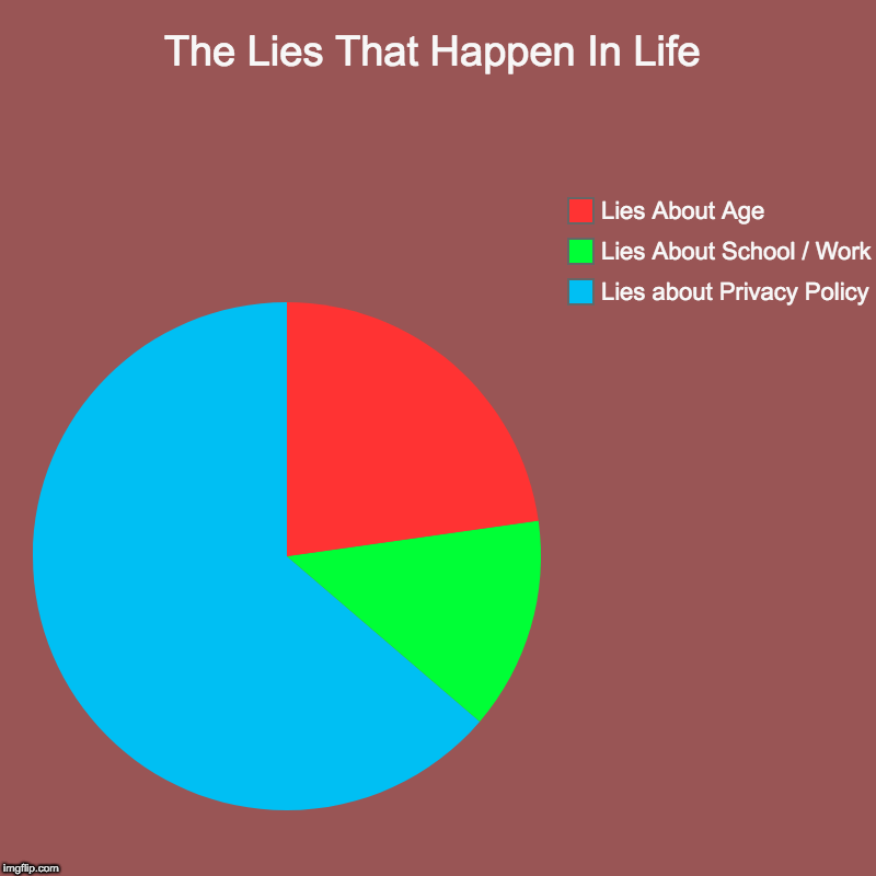 The Lies That Happen In Life | Lies about Privacy Policy, Lies About School / Work, Lies About Age | image tagged in charts,pie charts | made w/ Imgflip chart maker