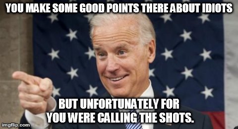 YOU MAKE SOME GOOD POINTS THERE ABOUT IDIOTS BUT UNFORTUNATELY FOR YOU WERE CALLING THE SHOTS. | image tagged in joe biden | made w/ Imgflip meme maker