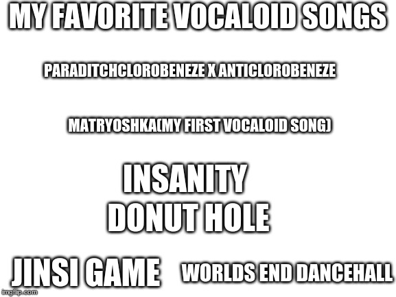 Blank White Template | MY FAVORITE VOCALOID SONGS; PARADITCHCLOROBENEZE X ANTICLOROBENEZE; MATRYOSHKA(MY FIRST VOCALOID SONG); INSANITY; DONUT HOLE; JINSI GAME; WORLDS END DANCEHALL | image tagged in blank white template | made w/ Imgflip meme maker