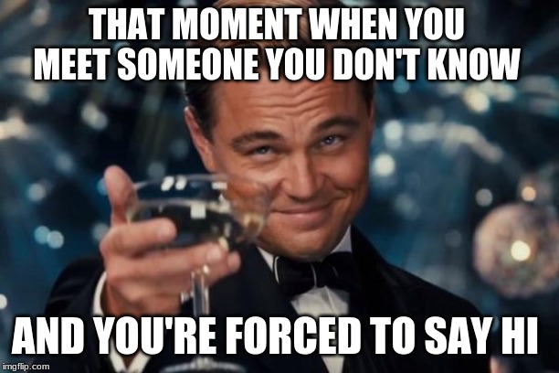 Leonardo Dicaprio Cheers Meme | THAT MOMENT WHEN YOU MEET SOMEONE YOU DON'T KNOW; AND YOU'RE FORCED TO SAY HI | image tagged in memes,leonardo dicaprio cheers | made w/ Imgflip meme maker