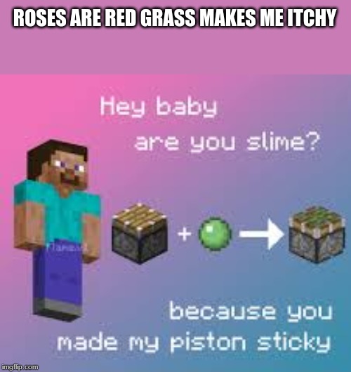 I saw this when I looked up minecraft pick up lines so I just had to make a meme out of this | ROSES ARE RED GRASS MAKES ME ITCHY | image tagged in memes,funny,minecraft,piston,gaming,lol | made w/ Imgflip meme maker