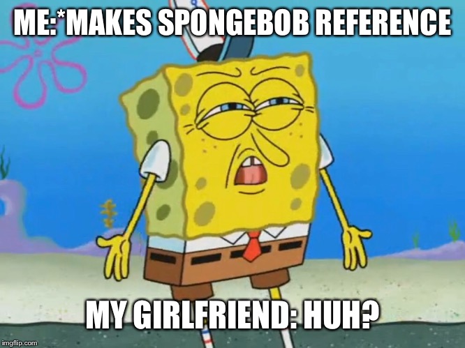 ME:*MAKES SPONGEBOB REFERENCE; MY GIRLFRIEND: HUH? | image tagged in spongebob | made w/ Imgflip meme maker