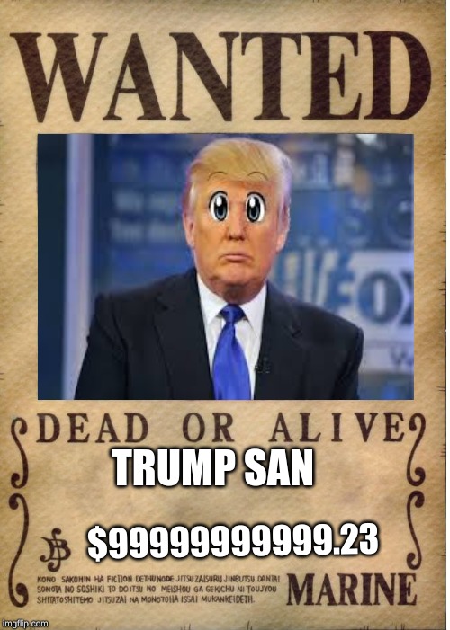 One piece wanted poster template | TRUMP SAN; $99999999999.23 | image tagged in one piece wanted poster template | made w/ Imgflip meme maker