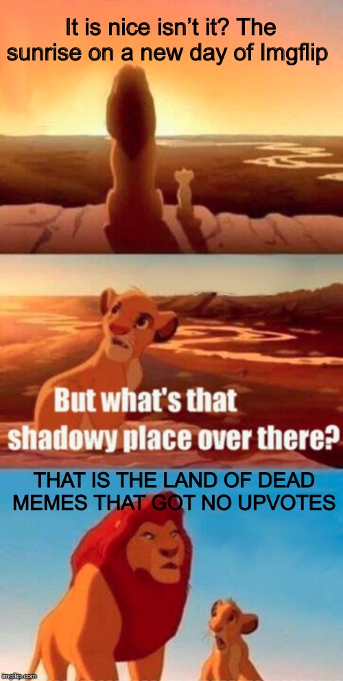 Simba Shadowy Place Meme | It is nice isn’t it? The sunrise on a new day of Imgflip; THAT IS THE LAND OF DEAD MEMES THAT GOT NO UPVOTES | image tagged in memes,simba shadowy place | made w/ Imgflip meme maker