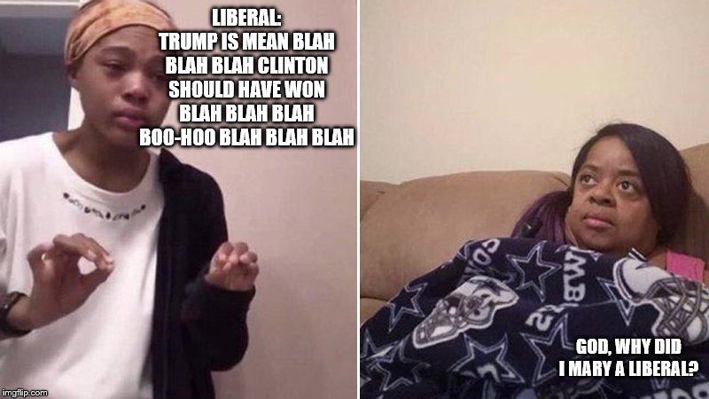 Me explaining to my mom | LIBERAL: TRUMP IS MEAN BLAH BLAH BLAH CLINTON SHOULD HAVE WON BLAH BLAH BLAH BOO-HOO BLAH BLAH BLAH; GOD, WHY DID I MARY A LIBERAL? | image tagged in me explaining to my mom | made w/ Imgflip meme maker