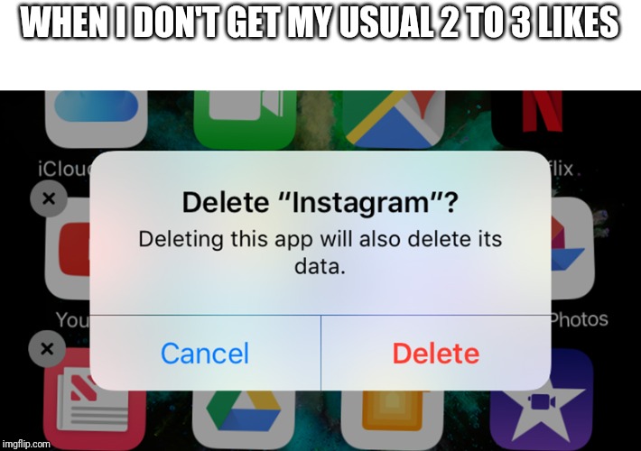 Instabye | WHEN I DON'T GET MY USUAL 2 TO 3 LIKES | image tagged in memes,funny memes | made w/ Imgflip meme maker