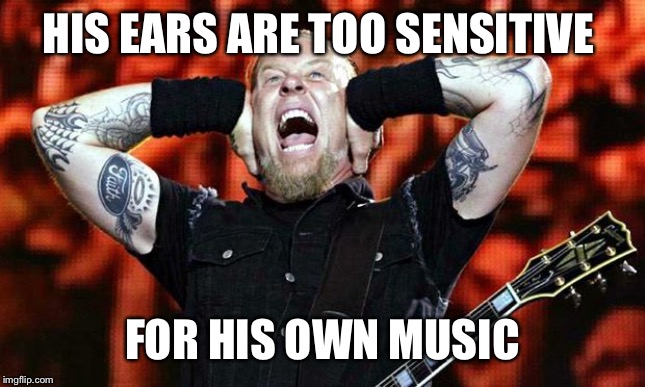 metallica | HIS EARS ARE TOO SENSITIVE; FOR HIS OWN MUSIC | image tagged in metallica | made w/ Imgflip meme maker