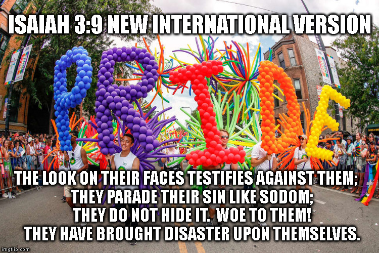 ISAIAH 3:9 NEW INTERNATIONAL VERSION; THE LOOK ON THEIR FACES TESTIFIES AGAINST THEM;
    THEY PARADE THEIR SIN LIKE SODOM;
    THEY DO NOT HIDE IT.  WOE TO THEM!
    THEY HAVE BROUGHT DISASTER UPON THEMSELVES. | made w/ Imgflip meme maker