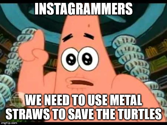 Patrick Says | INSTAGRAMMERS; WE NEED TO USE METAL STRAWS TO SAVE THE TURTLES | image tagged in memes,patrick says | made w/ Imgflip meme maker