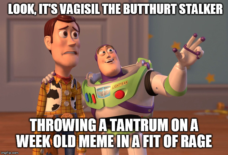 X, X Everywhere Meme | LOOK, IT'S VAGISIL THE BUTTHURT STALKER THROWING A TANTRUM ON A WEEK OLD MEME IN A FIT OF RAGE | image tagged in memes,x x everywhere | made w/ Imgflip meme maker
