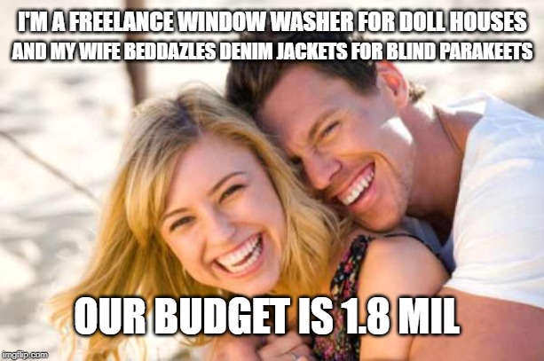 Happy couple | I'M A FREELANCE WINDOW WASHER FOR DOLL HOUSES; AND MY WIFE BEDDAZLES DENIM JACKETS FOR BLIND PARAKEETS; OUR BUDGET IS 1.8 MIL | image tagged in happy couple | made w/ Imgflip meme maker