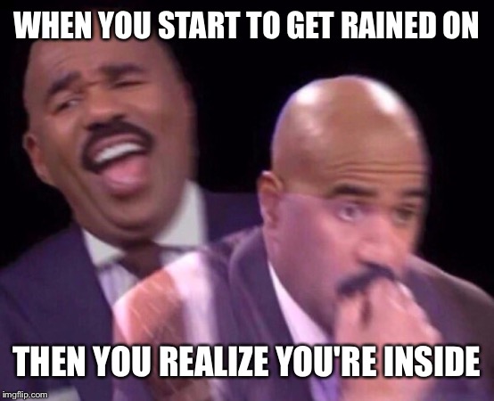 Big wet oof | WHEN YOU START TO GET RAINED ON; THEN YOU REALIZE YOU'RE INSIDE | image tagged in steve harvey laughing serious,moist,rain,the great indoors | made w/ Imgflip meme maker