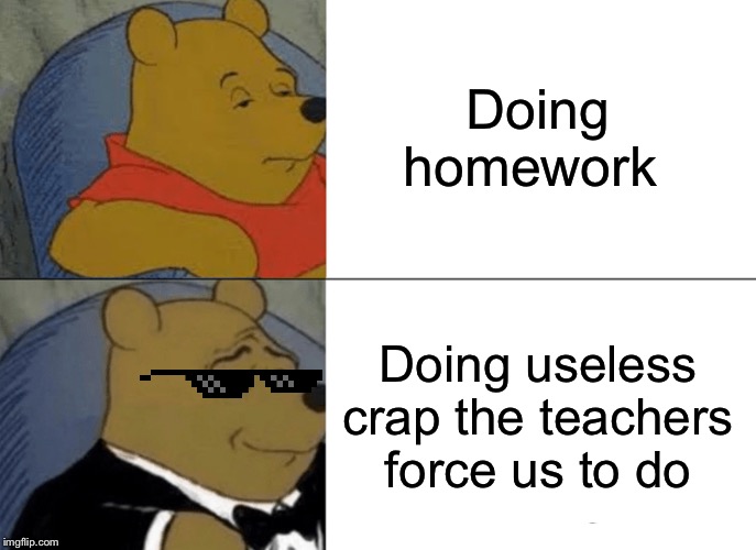 Tuxedo Winnie The Pooh Meme | Doing homework; Doing useless crap the teachers force us to do | image tagged in memes,tuxedo winnie the pooh | made w/ Imgflip meme maker