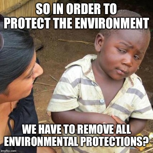 Third World Skeptical Kid | SO IN ORDER TO PROTECT THE ENVIRONMENT; WE HAVE TO REMOVE ALL ENVIRONMENTAL PROTECTIONS? | image tagged in memes,third world skeptical kid | made w/ Imgflip meme maker