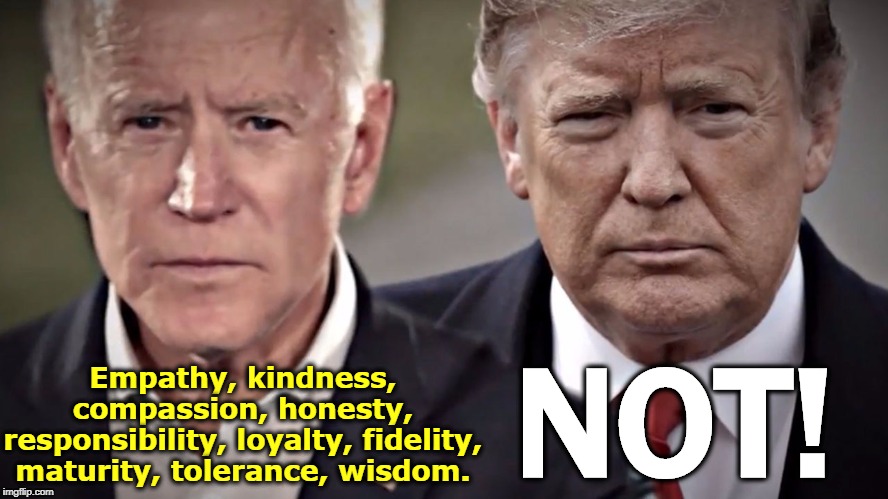 Empathy, kindness, compassion, honesty, responsibility, loyalty, fidelity, maturity, tolerance, wisdom. NOT! | image tagged in trump,biden,kindness,compassion,honesty,maturity | made w/ Imgflip meme maker