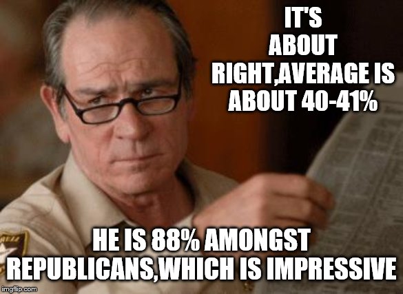 Tommy Lee Jones | IT'S ABOUT RIGHT,AVERAGE IS ABOUT 40-41% HE IS 88% AMONGST REPUBLICANS,WHICH IS IMPRESSIVE | image tagged in tommy lee jones | made w/ Imgflip meme maker