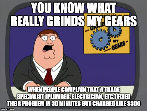 Peter Griffin News | YOU KNOW WHAT REALLY GRINDS MY GEARS; WHEN PEOPLE COMPLAIN THAT A TRADE SPECIALIST (PLUMBER, ELECTRICIAN, ETC.) FIXED THEIR PROBLEM IN 30 MINUTES BUT CHARGED LIKE $300 | image tagged in memes,peter griffin news,AdviceAnimals | made w/ Imgflip meme maker