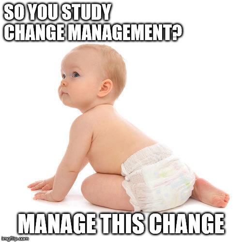 manage this change | SO YOU STUDY CHANGE MANAGEMENT? MANAGE THIS CHANGE | image tagged in change,management,baby | made w/ Imgflip meme maker