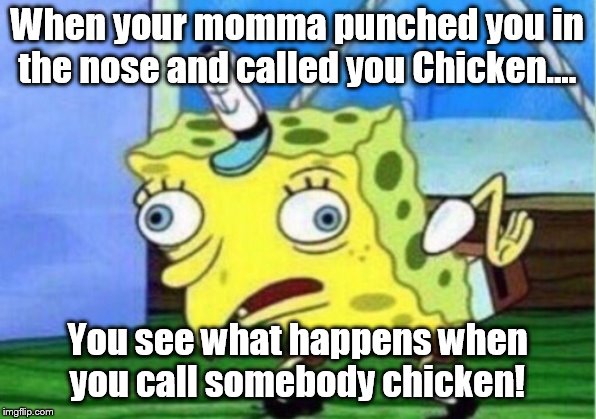 Mocking Spongebob Meme | When your momma punched you in the nose and called you Chicken.... You see what happens when you call somebody chicken! | image tagged in memes,mocking spongebob | made w/ Imgflip meme maker