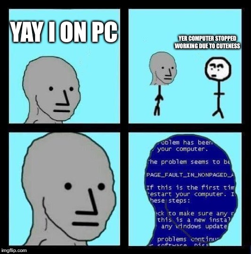 YAY I ON PC YER COMPUTER STOPPED WORKING DUE TO CUTENESS | image tagged in npc error | made w/ Imgflip meme maker