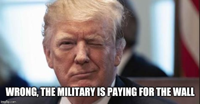 Trump wink | WRONG, THE MILITARY IS PAYING FOR THE WALL | image tagged in trump wink | made w/ Imgflip meme maker