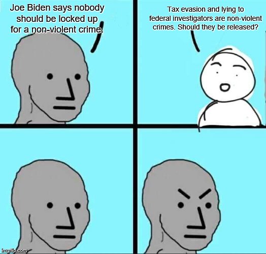 NPC Meme | Tax evasion and lying to federal investigators are non-violent crimes. Should they be released? Joe Biden says nobody should be locked up for a non-violent crime. | image tagged in npc meme,crime,criminals,taxes,prison | made w/ Imgflip meme maker