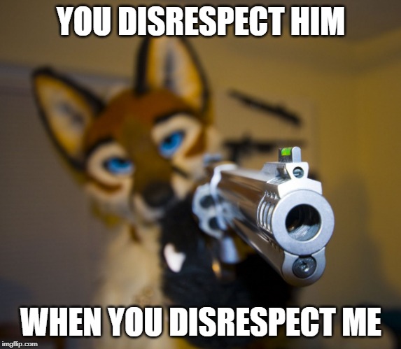 Furry with gun | YOU DISRESPECT HIM; WHEN YOU DISRESPECT ME | image tagged in furry with gun | made w/ Imgflip meme maker