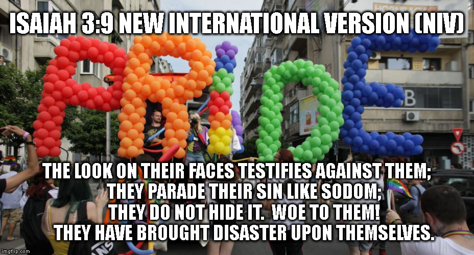 ISAIAH 3:9 NEW INTERNATIONAL VERSION (NIV); THE LOOK ON THEIR FACES TESTIFIES AGAINST THEM;
    THEY PARADE THEIR SIN LIKE SODOM;
    THEY DO NOT HIDE IT.  WOE TO THEM!
    THEY HAVE BROUGHT DISASTER UPON THEMSELVES. | made w/ Imgflip meme maker