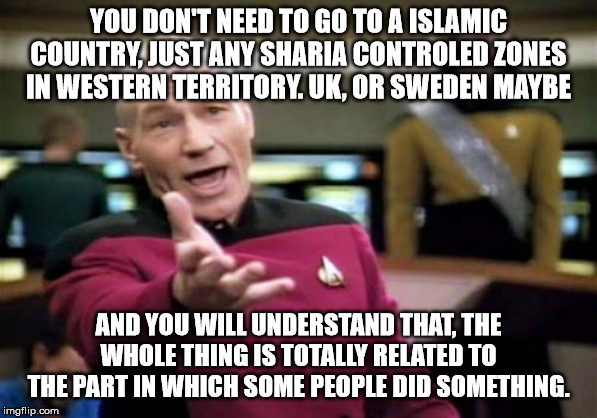 Picard Wtf Meme | YOU DON'T NEED TO GO TO A ISLAMIC COUNTRY, JUST ANY SHARIA CONTROLED ZONES IN WESTERN TERRITORY. UK, OR SWEDEN MAYBE AND YOU WILL UNDERSTAND | image tagged in memes,picard wtf | made w/ Imgflip meme maker