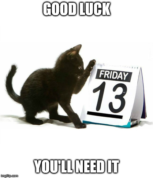 Friday 13th Kitten | GOOD LUCK; YOU'LL NEED IT | image tagged in friday 13th kitten | made w/ Imgflip meme maker