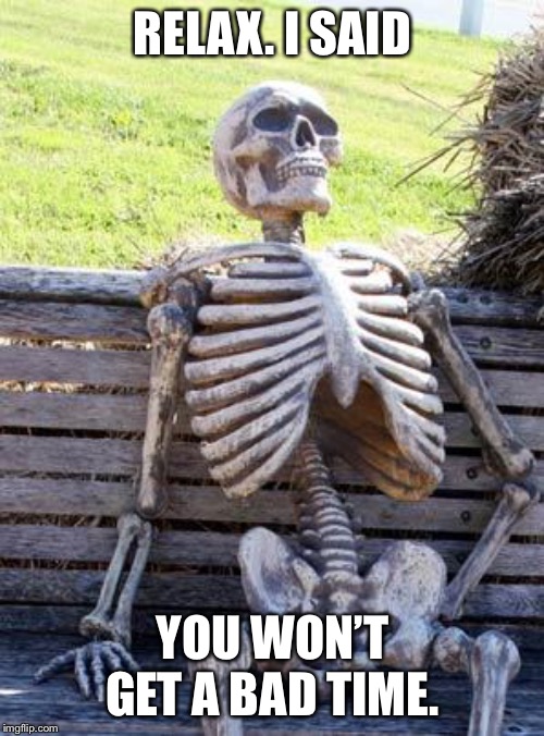 Waiting Skeleton Meme | RELAX. I SAID YOU WON’T GET A BAD TIME. | image tagged in memes,waiting skeleton | made w/ Imgflip meme maker