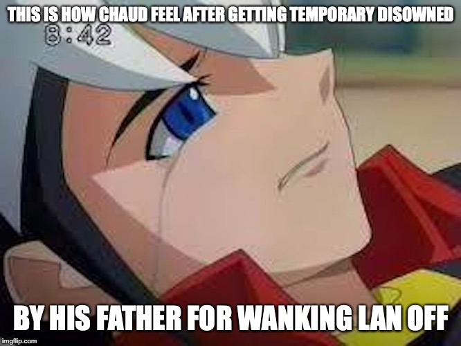 Chaud Crying | THIS IS HOW CHAUD FEEL AFTER GETTING TEMPORARY DISOWNED; BY HIS FATHER FOR WANKING LAN OFF | image tagged in engene chaud,memes,megaman,megaman nt warrior | made w/ Imgflip meme maker