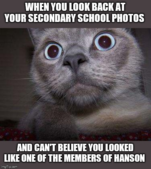 Freaky eye cat | WHEN YOU LOOK BACK AT YOUR SECONDARY SCHOOL PHOTOS AND CAN'T BELIEVE YOU LOOKED LIKE ONE OF THE MEMBERS OF HANSON | image tagged in freaky eye cat | made w/ Imgflip meme maker