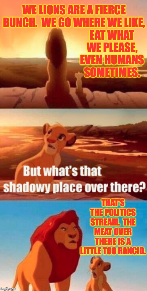 Simba Shadowy Place Meme | WE LIONS ARE A FIERCE BUNCH.  WE GO WHERE WE LIKE, EAT WHAT WE PLEASE, EVEN HUMANS SOMETIMES. THAT'S THE POLITICS STREAM.  THE MEAT OVER THERE IS A LITTLE TOO RANCID. | image tagged in memes,simba shadowy place,politics,rancid | made w/ Imgflip meme maker