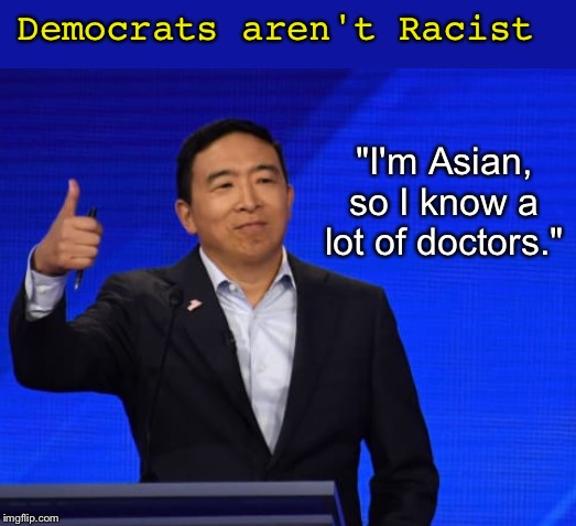 Loved the debate xD | Democrats aren't Racist; "I'm Asian, so I know a lot of doctors." | image tagged in andrew yang,democratic debates | made w/ Imgflip meme maker