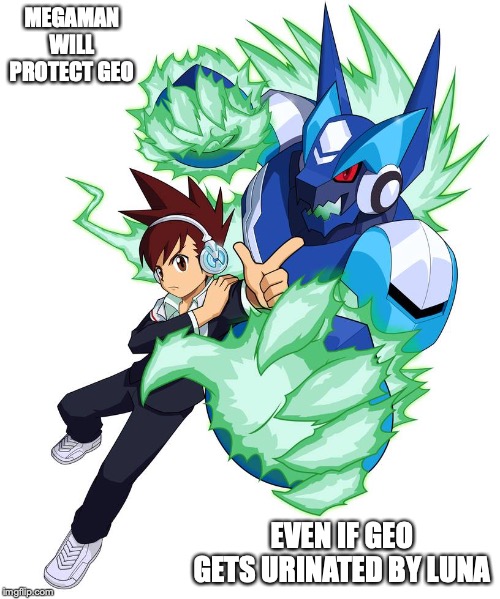 Geo in School Attire | MEGAMAN WILL PROTECT GEO; EVEN IF GEO GETS URINATED BY LUNA | image tagged in geo stelar,megaman starforce,megaman,memes | made w/ Imgflip meme maker