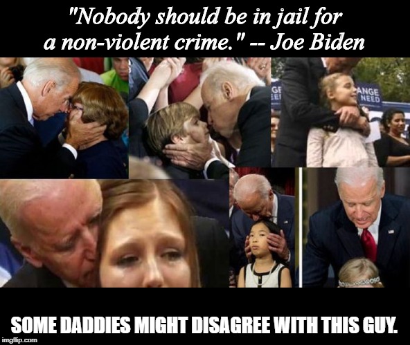 So..... I'm totally gonna embezzle this whole country, you guys. /s | "Nobody should be in jail for a non-violent crime." -- Joe Biden; SOME DADDIES MIGHT DISAGREE WITH THIS GUY. | image tagged in memes,joe biden,creepy,democrats,debates,oh this gonna be good | made w/ Imgflip meme maker