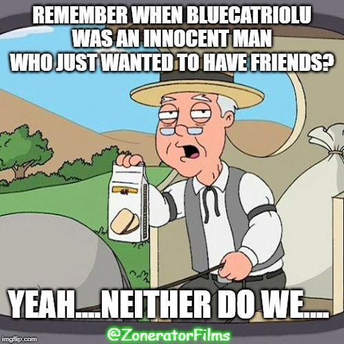 Pepperidge Farm Remembers | REMEMBER WHEN BLUECATRIOLU WAS AN INNOCENT MAN WHO JUST WANTED TO HAVE FRIENDS? YEAH....NEITHER DO WE.... @ZoneratorFilms | image tagged in memes,pepperidge farm remembers | made w/ Imgflip meme maker