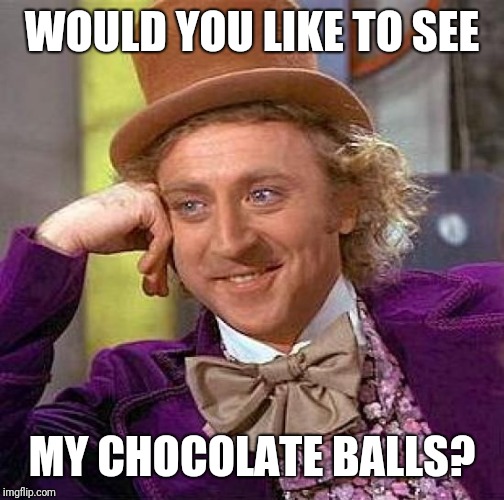 Creepy Condescending Wonka | WOULD YOU LIKE TO SEE; MY CHOCOLATE BALLS? | image tagged in memes,creepy condescending wonka | made w/ Imgflip meme maker