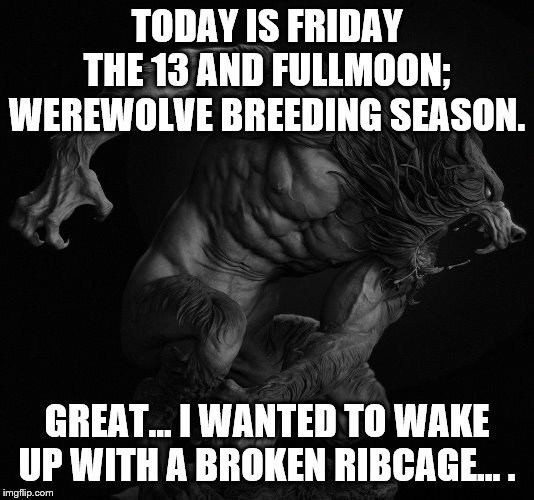 TODAY IS FRIDAY THE 13 AND FULLMOON; WEREWOLVE BREEDING SEASON. GREAT... I WANTED TO WAKE UP WITH A BROKEN RIBCAGE... . | image tagged in friday the 13th,werewolf,full moon | made w/ Imgflip meme maker