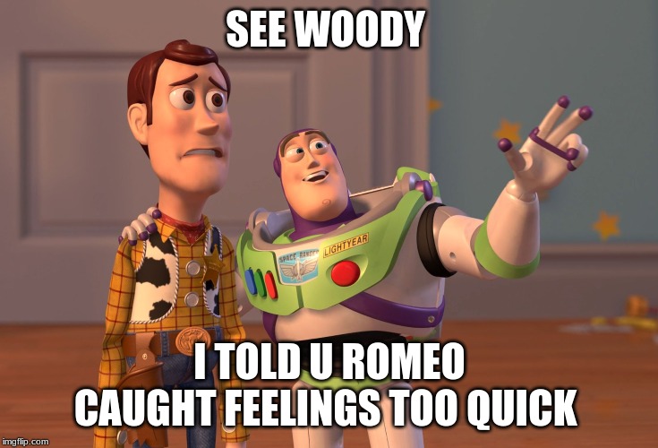 X, X Everywhere Meme | SEE WOODY; I TOLD U ROMEO CAUGHT FEELINGS TOO QUICK | image tagged in memes,x x everywhere | made w/ Imgflip meme maker